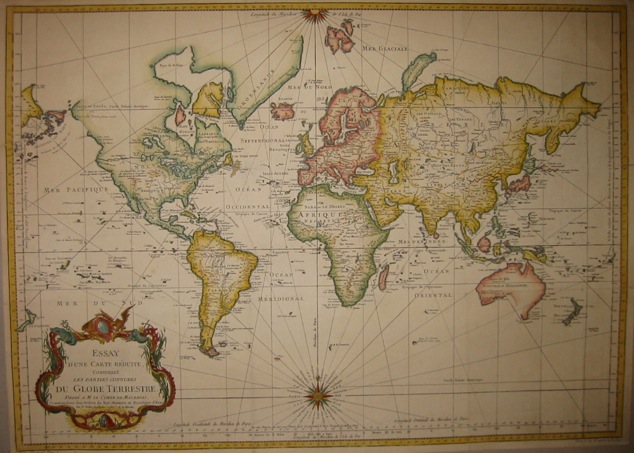 Bellin Jacques-Nicolas (1703-1772) Essay d'une Carte réduite contenant les parties connuees du Globe Terrestre... 1748 Parigi